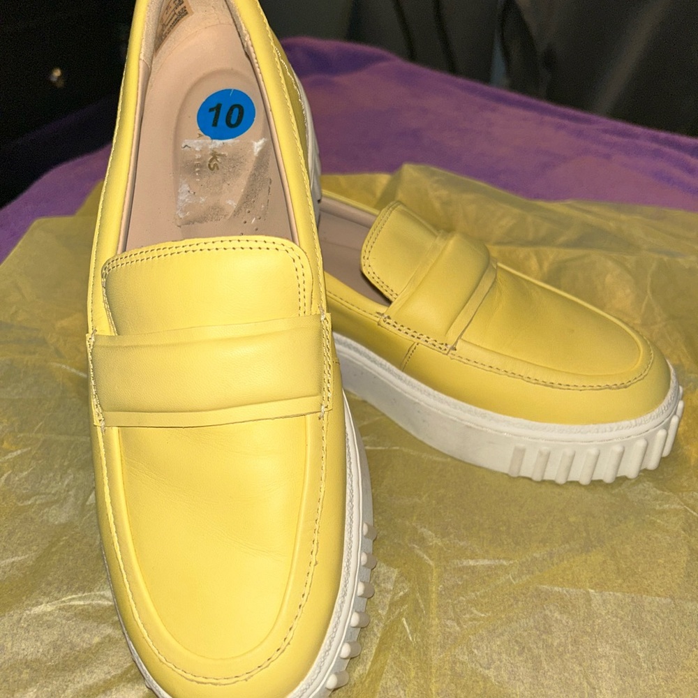 Clarks Yellow Leather Platform Loafers for Women